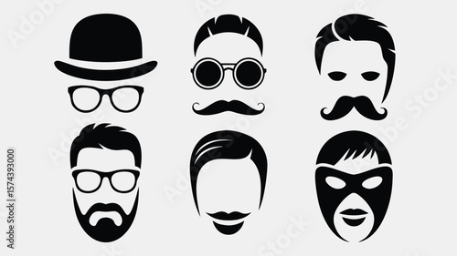 Silhouette Faces with Glasses, Mustaches, and Beards Illustration of Various Styles