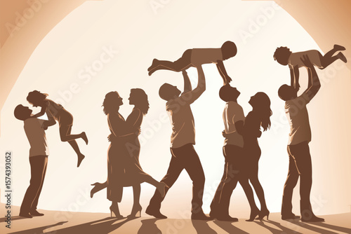 Silhouetted Families Couples Embracing, Parents Lifting Children with Joy, Family Love Happiness