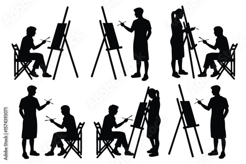 Silhouettes of Artists Painting on Easels, Some Seated on Chairs, Black and White Composition