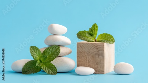 Wallpaper Mural Still life featuring stacked white stones mint leaves and a wooden cube on a light blue background Torontodigital.ca