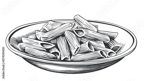 Vintage Woodcut Engraving of Plate of Rigatoni Pasta on Wooden Surface
