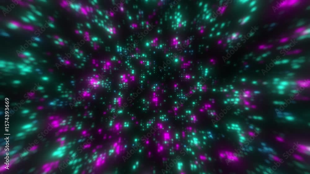 Animation of colorful dots blinking on black background. Color, shapes, movement and abstraction concept digitally generated video.