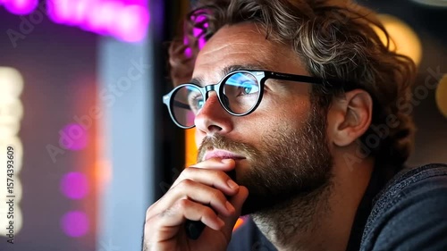 Pensive man with glasses looking at a colorful display pondering about new possibilities