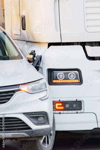 Accident between a truck and a passenger car. vertical shot