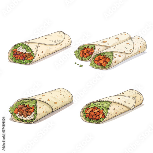 Tortilla Wrap with Lettuce and Meat - wrapped burrito - lettuce wrap taco Vector Illustration