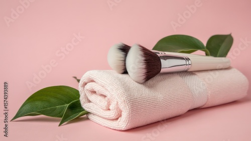 Wallpaper Mural Makeup brushes on a rolled towel with green leaves against a pink background in a studio setting Torontodigital.ca