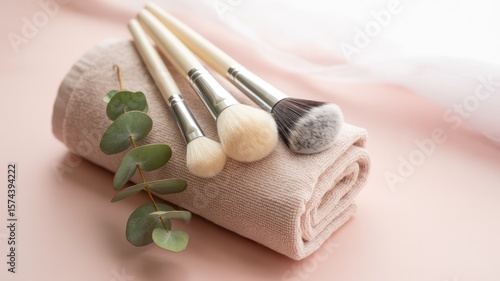 Wallpaper Mural Three makeup brushes on a rolled towel with eucalyptus leaves on a pink surface in soft focus Torontodigital.ca
