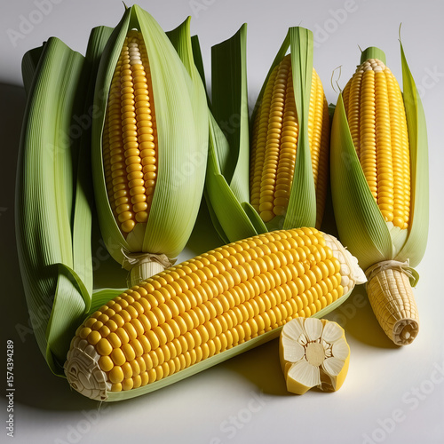 Freshly harvested yellow sweetcorn on the cob with green leaves