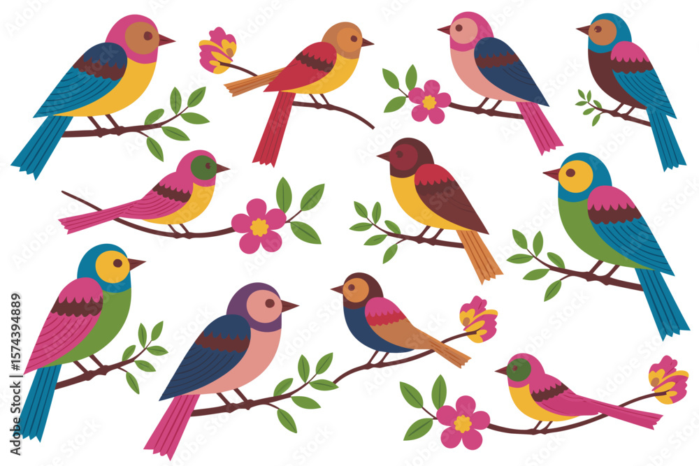 Fototapeta premium Charming Illustration Colorful Birds Perched on Branches Amidst Flowers, Ideal for Spring and Nature Themes