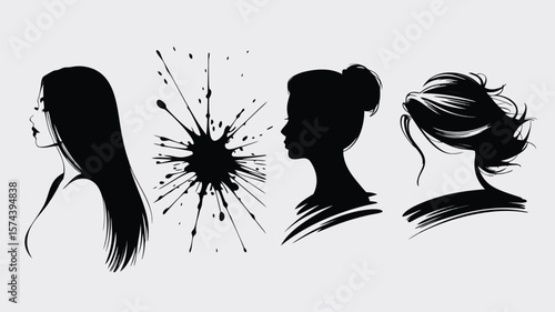 Black Silhouette of Women with Different Hairstyles and a Black Ink Splash on Grey Background