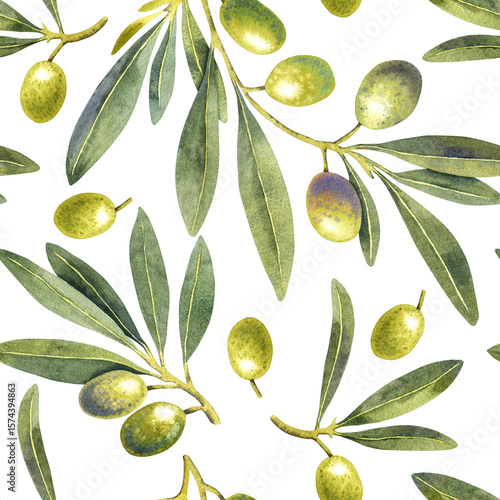 Wallpaper Mural Seamless pattern watercolor olive branch green decor. Hand painted floral illustration olives fruit tree branches leaves transparent background. Drawings food. Edible foliage. Fabric, wrapping menu Torontodigital.ca