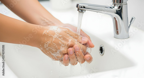 Washing hands with soap and running water under a chrome faucet for personal hygiene and cleanliness in a bathroom sink.