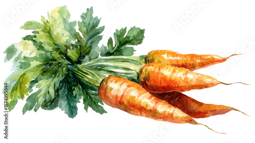 Watercolor illustration of carrots with green leaves, isolated on transparent 