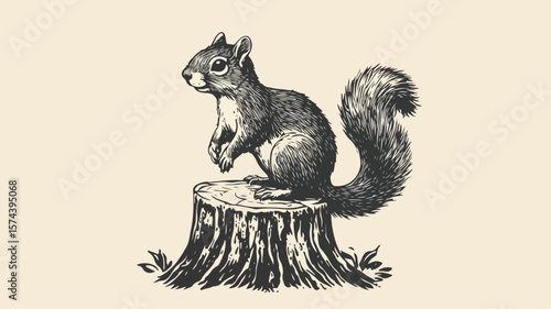 Vintage Wood Block Print of Squirrel on a Tree Stump Artwork