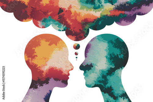 Colorful Silhouette Heads Facing Each Other with Thought Bubbles and Abstract Cloud Design Above