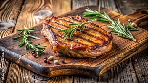 Crisp grilled pork chop resting on a rustic wooden board