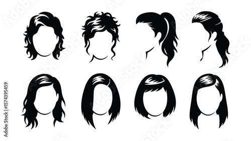 Eight Black Silhouette Hair Styles Curly, Ponytail, Bob Cuts, and Straight Hair