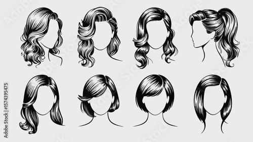 Elegant Women's Hairstyle Silhouettes Curly, Wavy, Bob and Ponytail Haircut Illustrations on Light Background