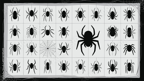 Grid of Black Spider Silhouettes with Web Decoration, Halloween or Horror Theme Art