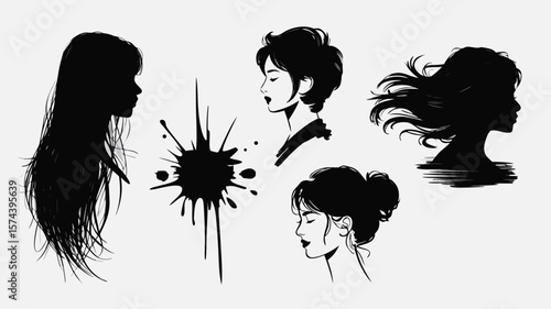 Illustrated Silhouettes of Women with Different Hairstyles and a Splatter, Black and White