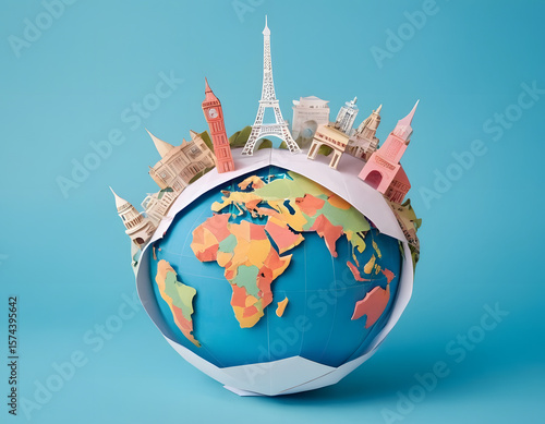 World travel concept with famous landmarks and paper cut artwork around the globe. A minimalist origami style on a pastel blue background