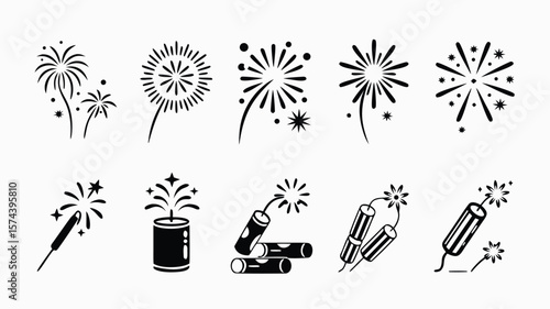 Set of Nine Black and White Drawings Featuring Various Fireworks and Pyrotechnics Designs on a White Background