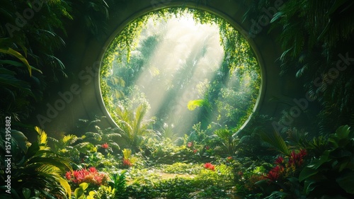 Fototapeta Naklejka Na Ścianę i Meble -  Sunlit Jungle Portal: A Mystical Garden Opening jungle garden mystical opening forest nature plants