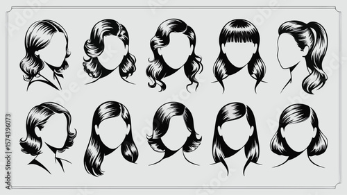 Ten Elegant Hairstyle Variations Illustration, Black and White Silhouettes on Gray Backdrop