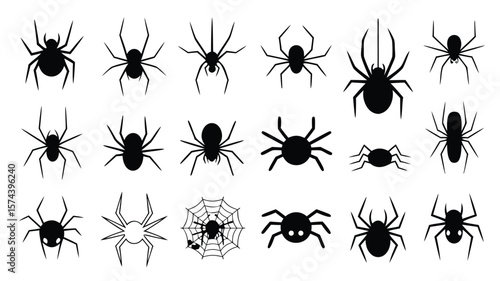 Various Silhouette Spider Designs on White Background, Including Web, for Halloween Decorations