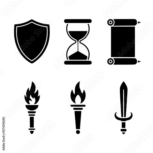 Ancient Artifacts: A collection of symbolic ancient artifacts, including a shield, hourglass, scroll, torch, and sword, all silhouetted against a pure backdrop, representing history.