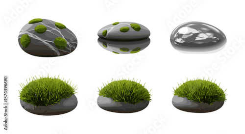 Illustration of six stones with varying textures and vegetation in a simple composition style art
