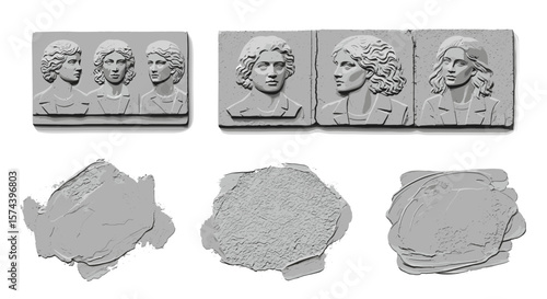 Bas relief sculptures of women in stone and textured gray blobs on a white background composition