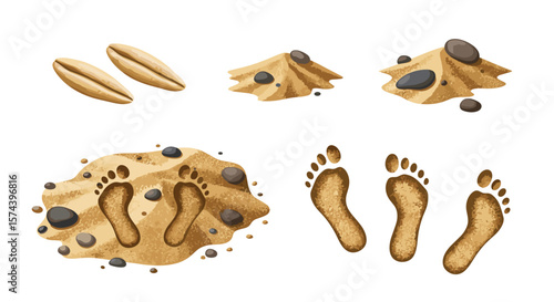 Illustration showing grains, piles of sand with pebbles, and footprints in sand on white background