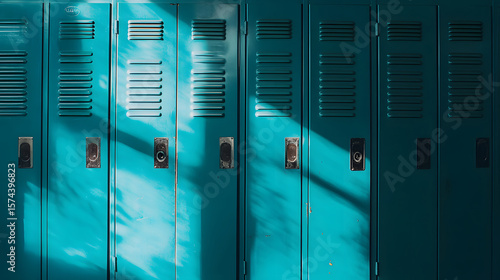 Rows of blue metal school lockers. 