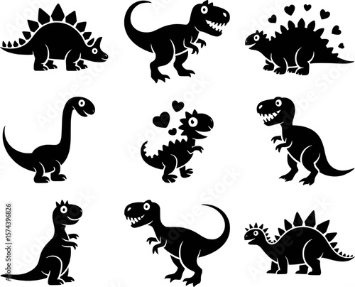 Black dinosaur silhouettes with hearts and spikes white prehistoric