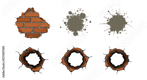 Illustration of brick wall damage with bullet holes and splatters of gray paint on a white background