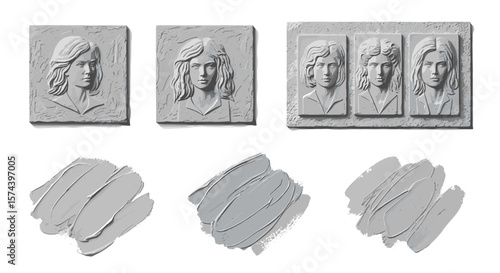 Three relief portraits of women and three smears of gray paint on a white background art concept