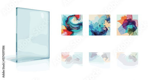 A glass pane stands beside three abstract paintings with three reflections on a white surface seen