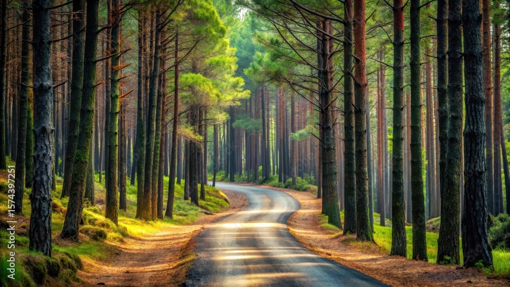 Fototapeta premium A winding forest road surrounded by tall pine trees with their branches intertwined above the path