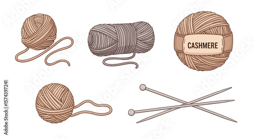 Illustration of various yarn balls in beige and gray colors along with knitting needles on white background