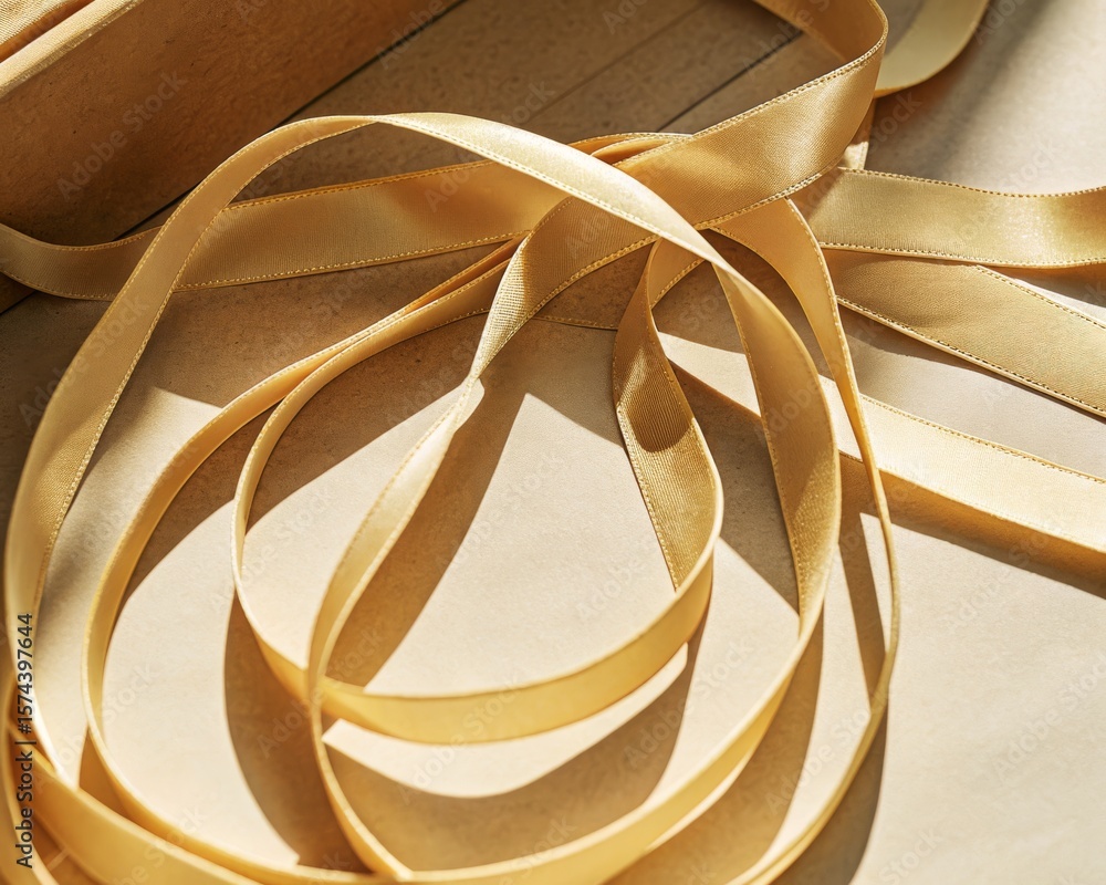 A close-up image of golden satin ribbons loosely arranged on a wooden surface with soft lighting. A close-up image of golden satin ribbons loosely arranged on a wooden surface with soft lighting.