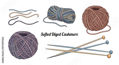 Assorted yarn balls with loose strands and knitting needles in various colors on a white background