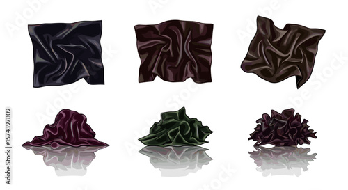 Various colored draped fabrics with reflections displayed on a white background in an artistic rendering