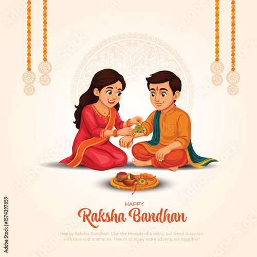 Indian festival happy Raksha Bandhan greeting card. Creative vector illustration design. Brother and sister bonding celebration.