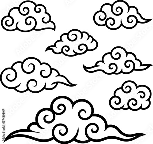 Black swirling cloud shapes on white background clouds