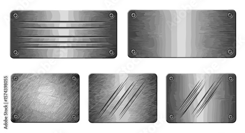 Collection of five metal plates with varying textures and screw details on a white background image
