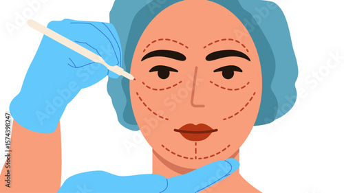 Young female face and hands of a plastic surgeon drawing incision lines with marker 