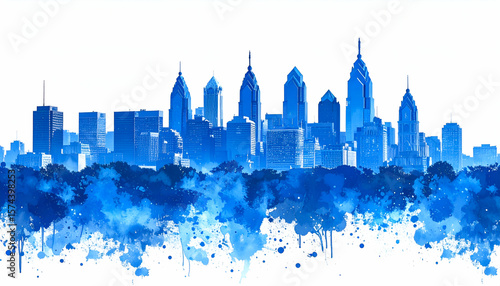 Blue Philadelphia Skyline Watercolor.