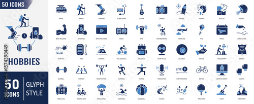 Hobbies flat icon set. Editable stroke. Vector illustration