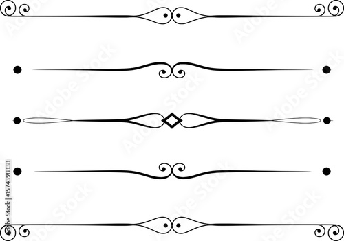 Elegant black decorative flourishes and dividers with swirling ends and circular accents